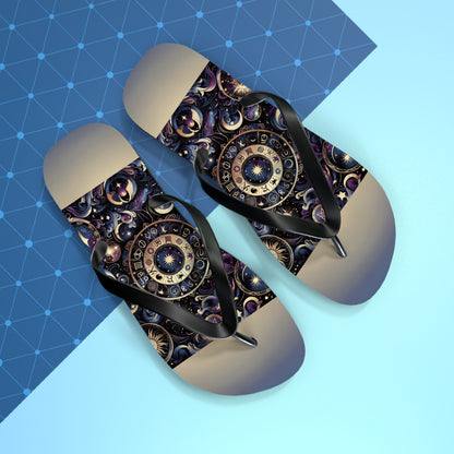 Cosmic Zodiac Wonders Flip Flops - Mystical Astrology-Inspired Footwear