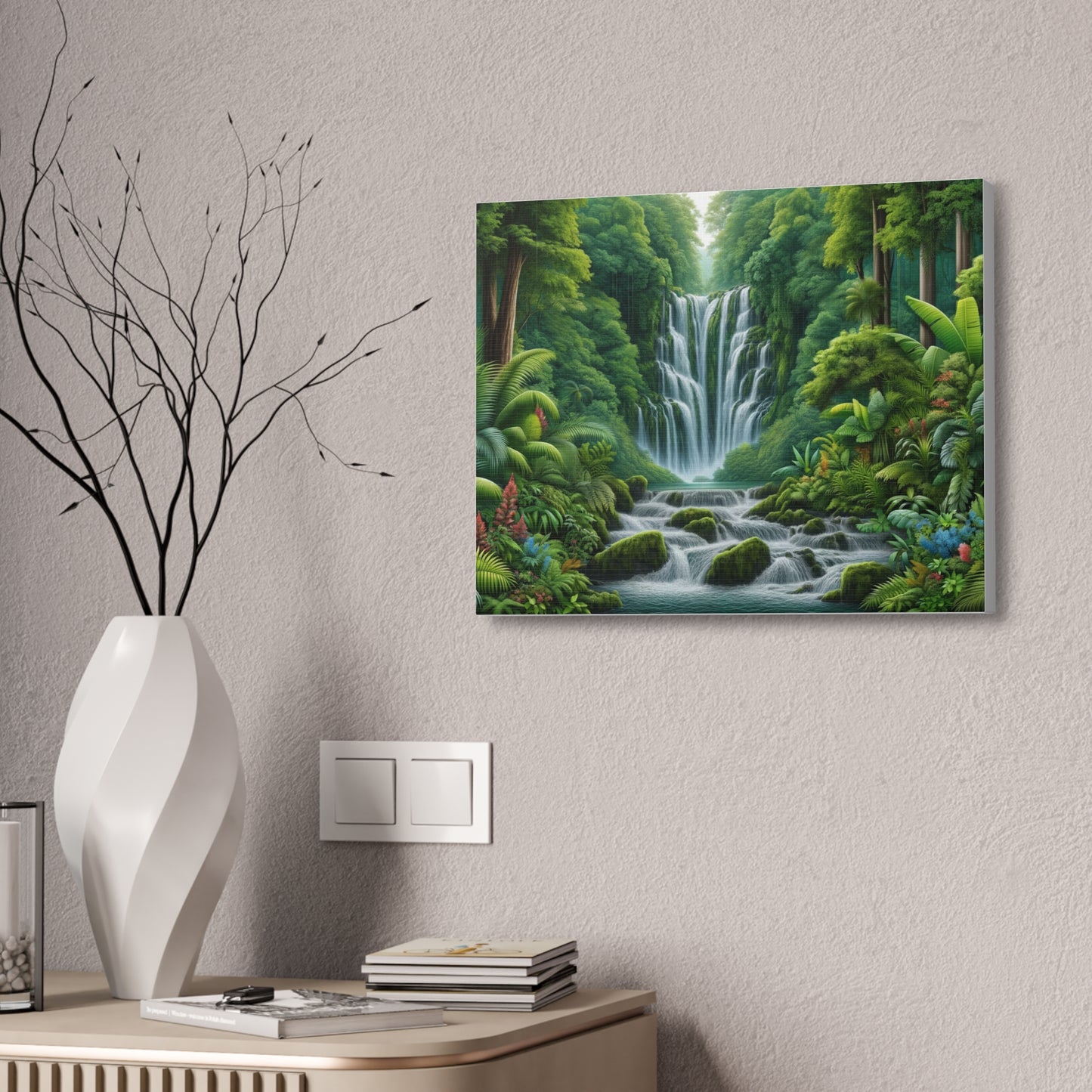 Tropical Rainforest Oasis Canvas Art - Hyper-Realistic Waterfall Scene