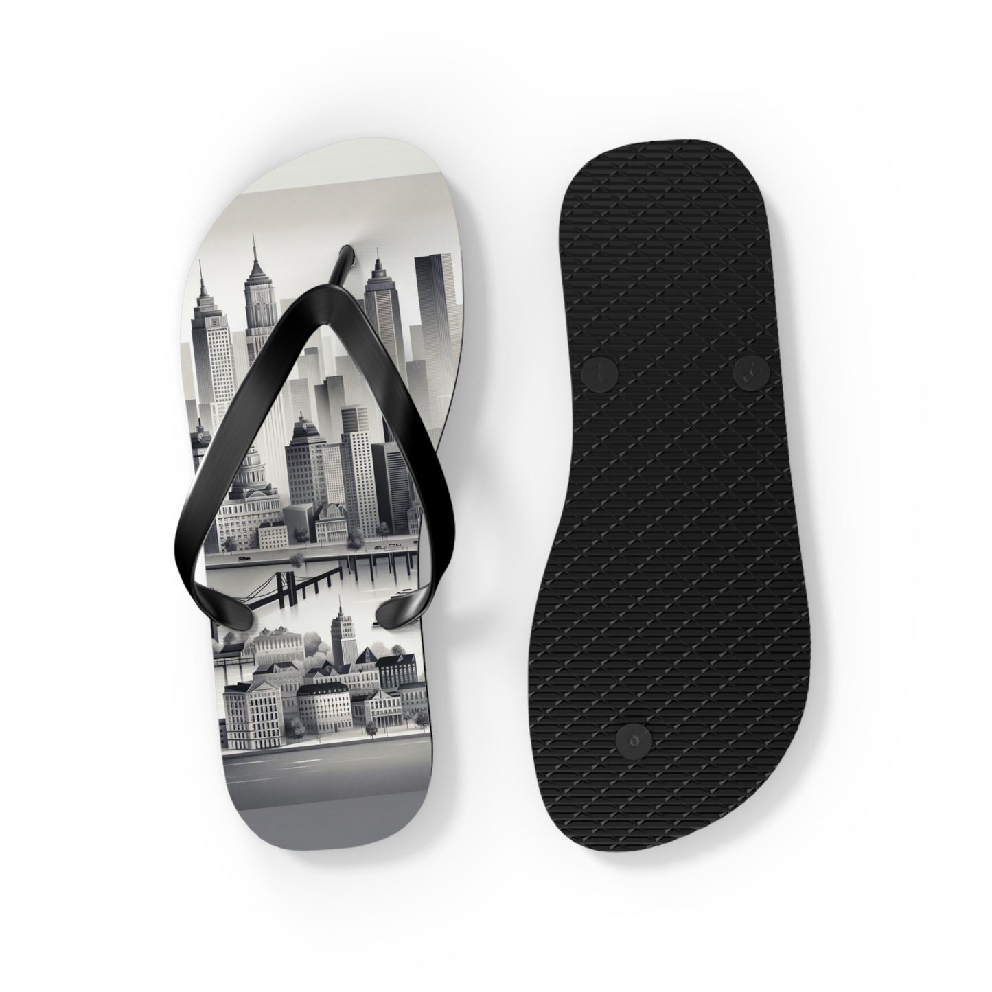 Urban Elegance Grayscale Cityscape Flip Flops - Chic and Sophisticated Footwear