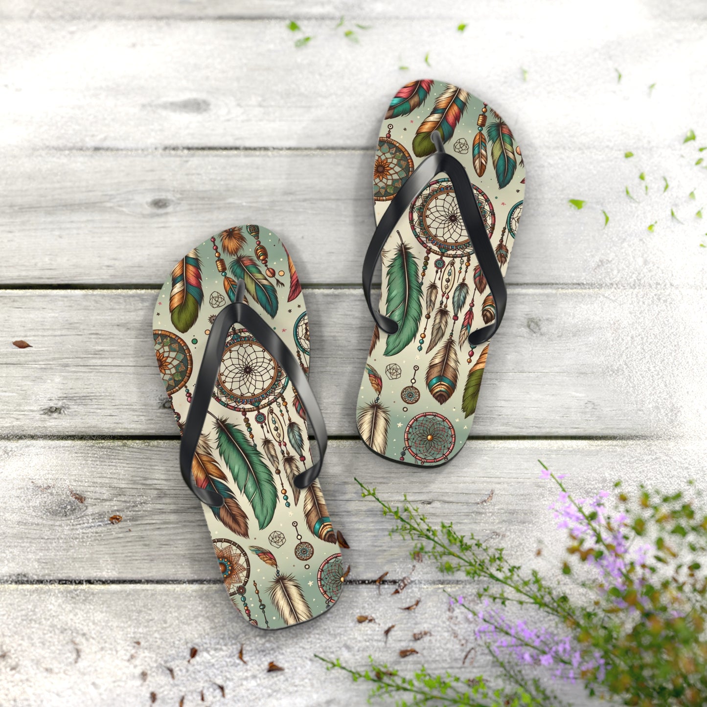 Bohemian Spirit Dreamcatcher Flip Flops - Artistic and Soulful Footwear