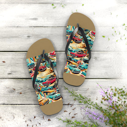 Retro Beach Roadtrip Flip Flops - Vintage Surfer Cars & Surfboards Design