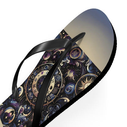 Cosmic Zodiac Wonders Flip Flops - Mystical Astrology-Inspired Footwear