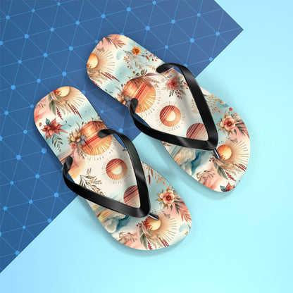 Dawn's Embrace Watercolor Sunrise Flip Flops - Serene and Uplifting Footwear