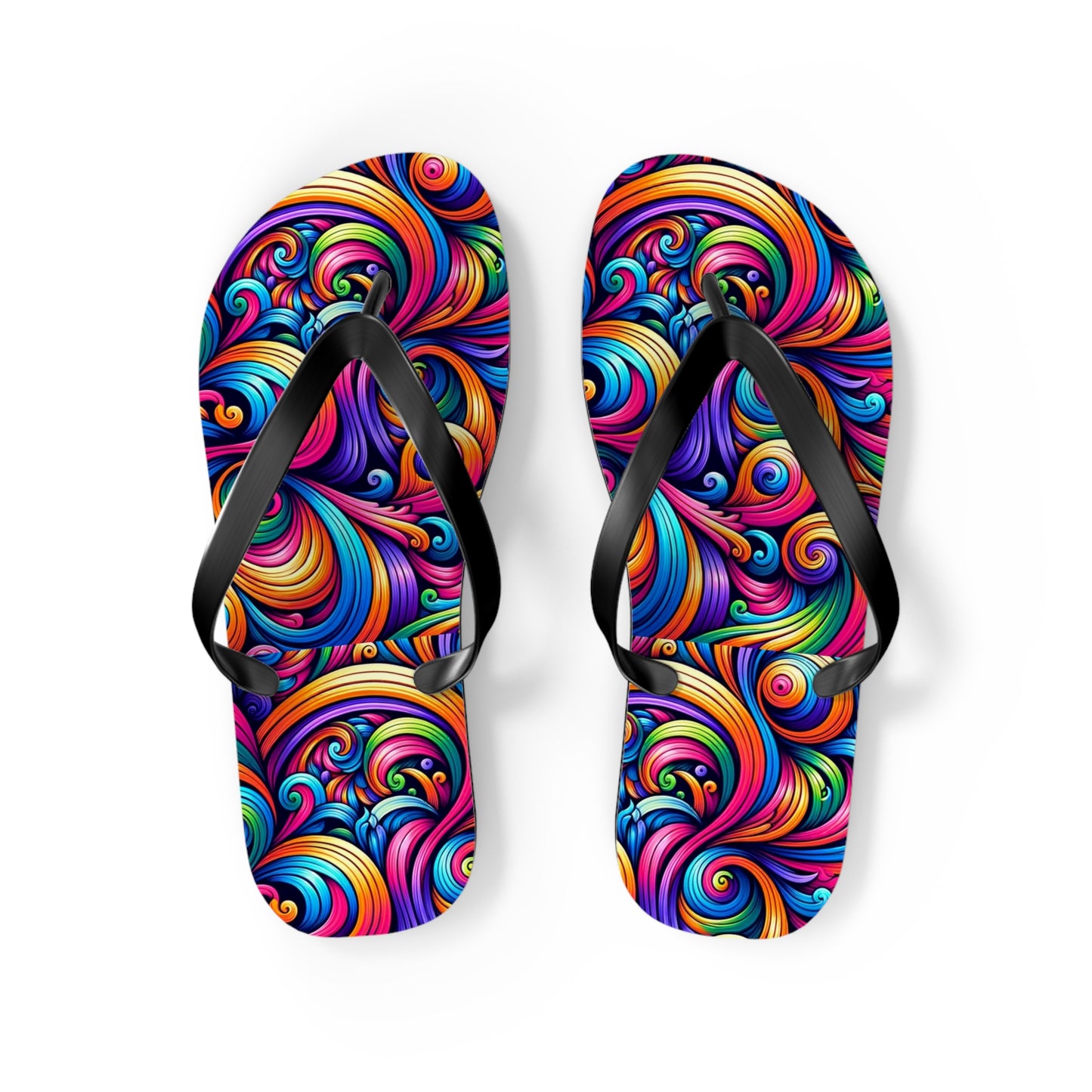 Vibrant Vortex Psychedelic Swirl Flip Flops - Bold & Colorful Summer Statement