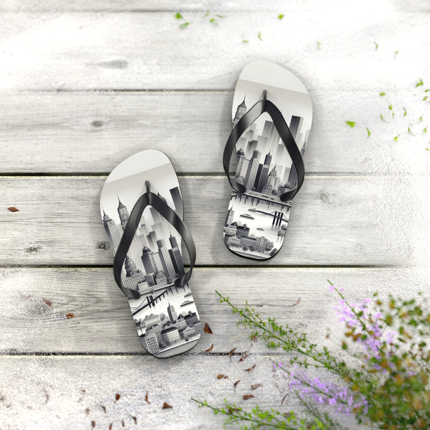 Urban Elegance Grayscale Cityscape Flip Flops - Chic and Sophisticated Footwear