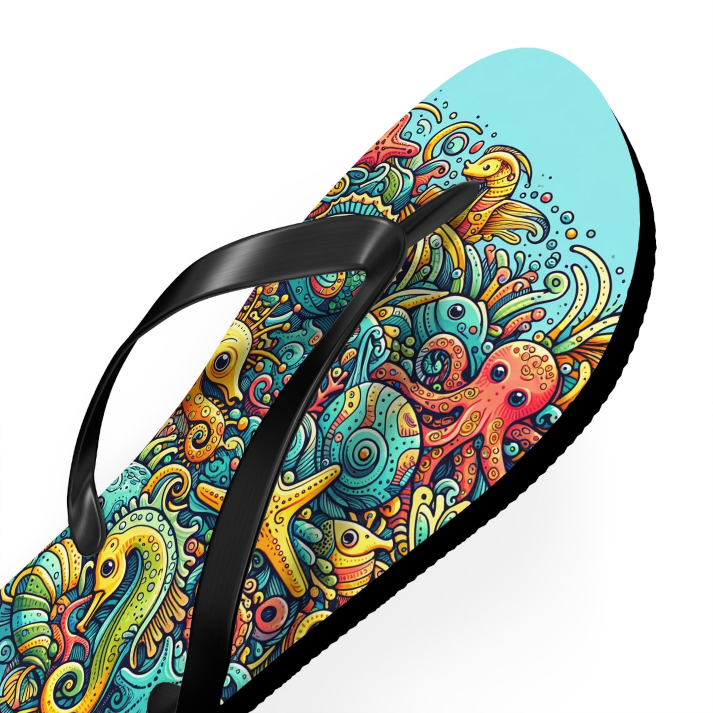 Ocean Doodles Colorful Sea Creatures Flip Flops - Whimsical Underwater Adventure