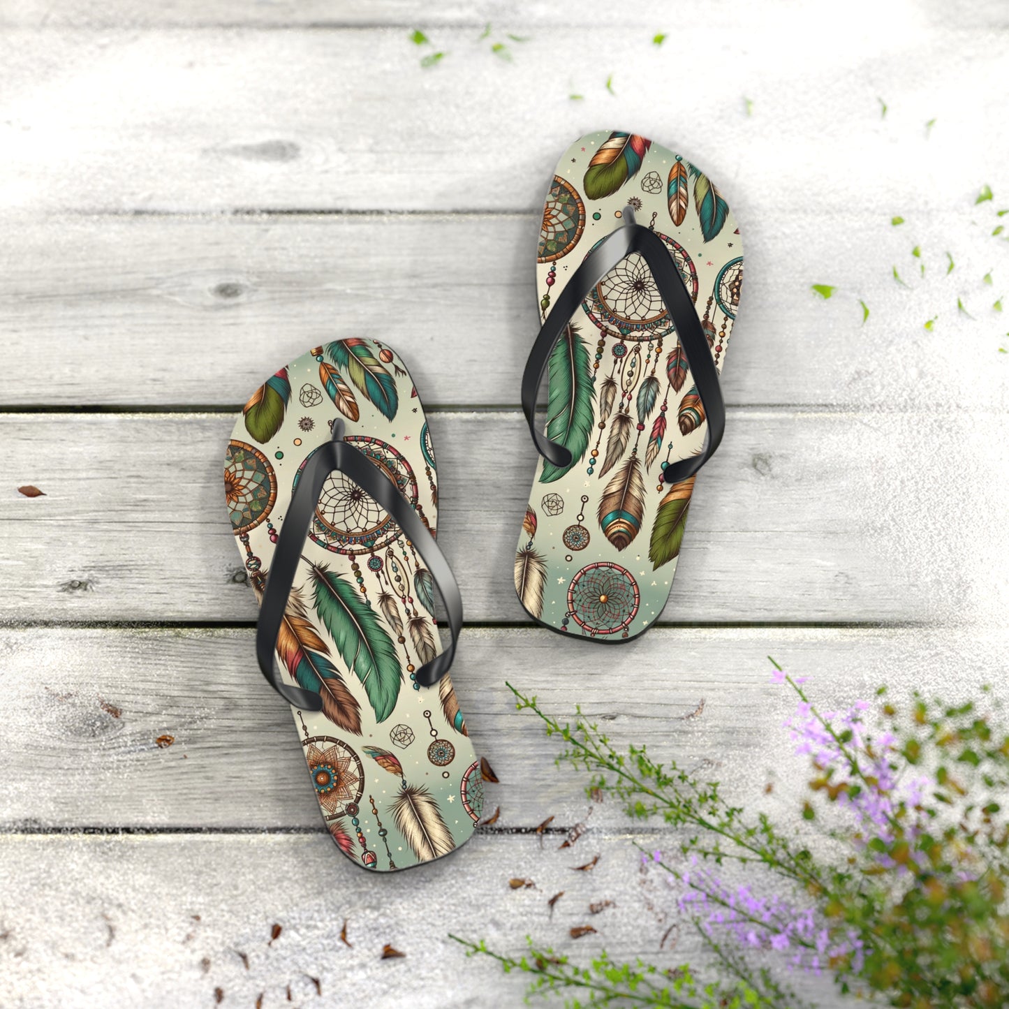 Bohemian Spirit Dreamcatcher Flip Flops - Artistic and Soulful Footwear