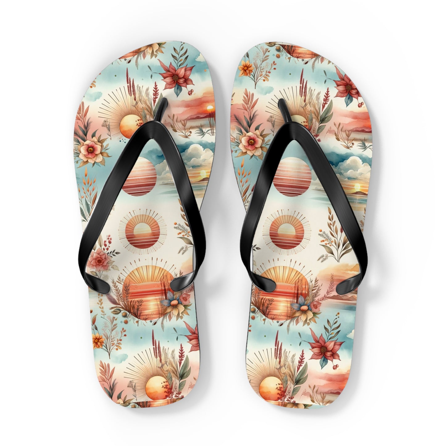 Dawn's Embrace Watercolor Sunrise Flip Flops - Serene and Uplifting Footwear