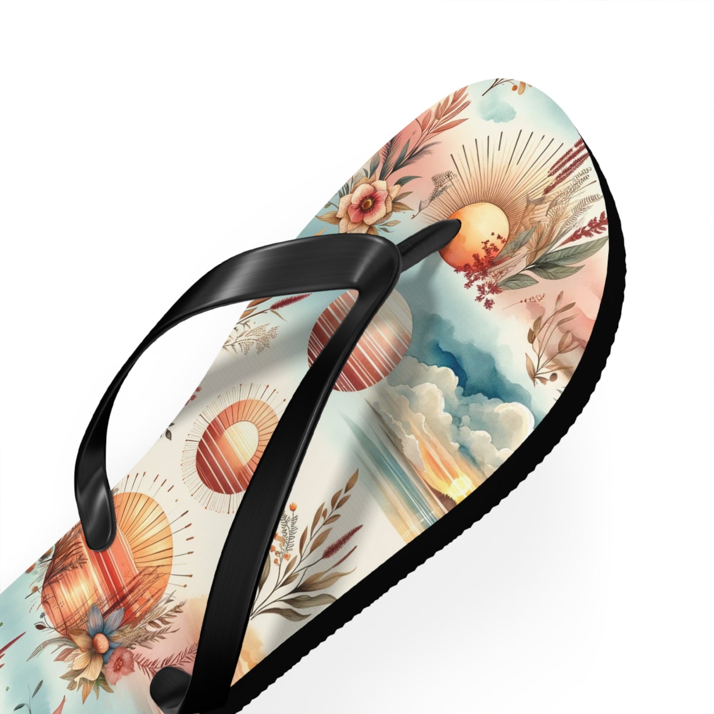 Dawn's Embrace Watercolor Sunrise Flip Flops - Serene and Uplifting Footwear