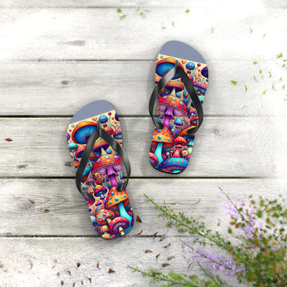 Enchanted Forest Psychedelic Mushroom Flip Flops - Vibrant Whimsy Footwear