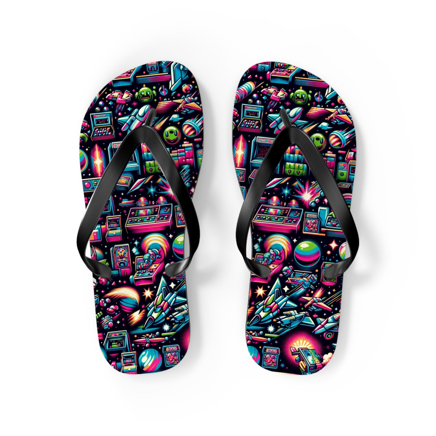 Retro Gamer's Paradise Flip Flops - Classic Arcade-Inspired Footwear