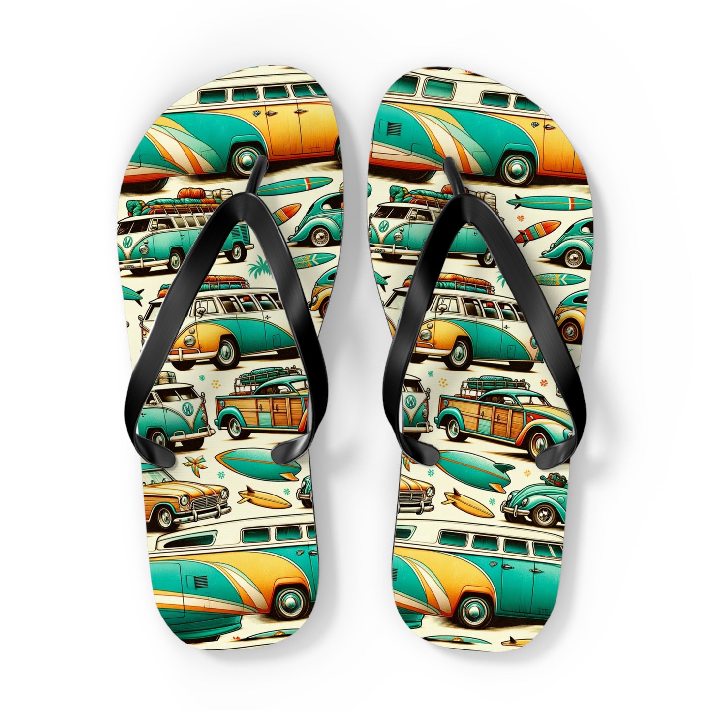 Retro Surf Safari Flip Flops - Vintage Surfer Cars and Coastal Vibes