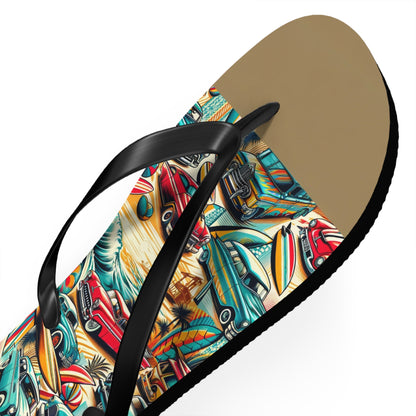 Retro Beach Roadtrip Flip Flops - Vintage Surfer Cars & Surfboards Design