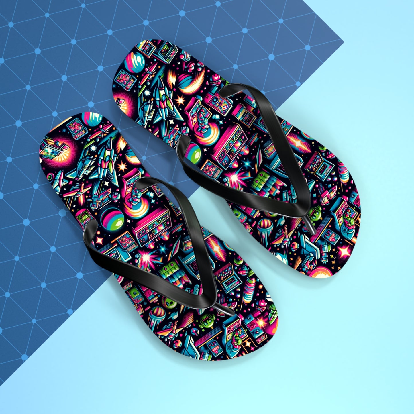 Retro Gamer's Paradise Flip Flops - Classic Arcade-Inspired Footwear