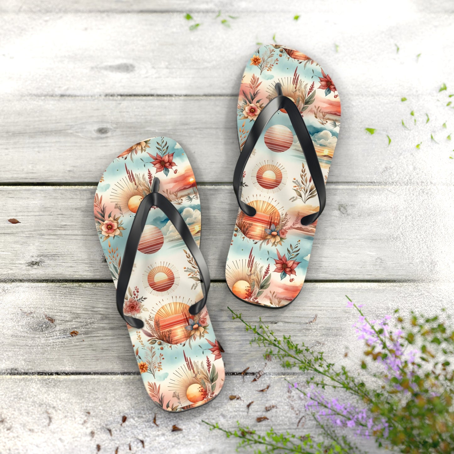 Dawn's Embrace Watercolor Sunrise Flip Flops - Serene and Uplifting Footwear