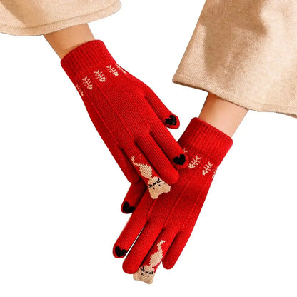 Vintage Christmas Deer Knitted Gloves Women Thicken Touch Screen Gloves Winter Warm Snow Full Finger Mittens Xmas Gift Women Fin