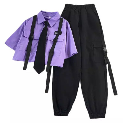 2024 Spring Streetwear Pants High-Waist Straight Ribbon Cargo Pants Student Loose Short-Sleeved Shirt with Tie two-piece Set