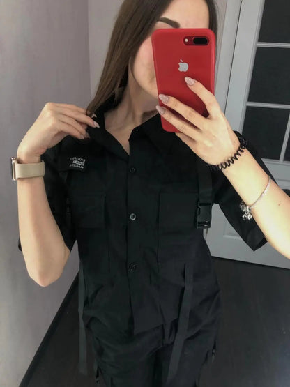 2024 Spring Streetwear Pants High-Waist Straight Ribbon Cargo Pants Student Loose Short-Sleeved Shirt with Tie two-piece Set