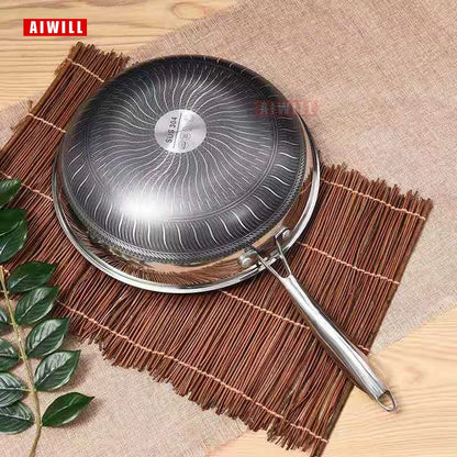 AIWILL 32cm/34cm Nonstick Wok 304 Full Stainless Steel Wok No Fume Coating-Free Gift Cookware