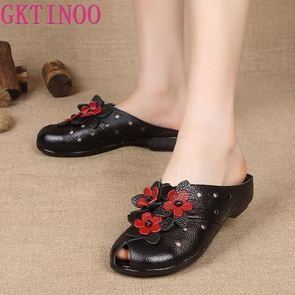 Handcrafted Genuine Leather Floral Slides for Women - Elegant Summer Sandals