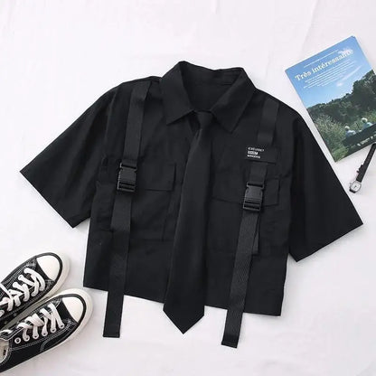 2024 Spring Streetwear Pants High-Waist Straight Ribbon Cargo Pants Student Loose Short-Sleeved Shirt with Tie two-piece Set