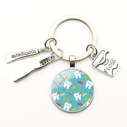 Cute Dentist Keychain Clean Teeth Floss Box Pendant Key Ring Toothpaste Toothbrush Charm Bag Fashion Key Chains Gift Men Women
