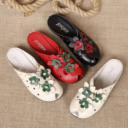 Handcrafted Genuine Leather Floral Slides for Women - Elegant Summer Sandals