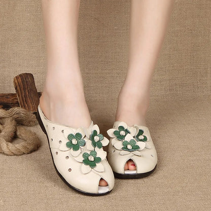 Handcrafted Genuine Leather Floral Slides for Women - Elegant Summer Sandals