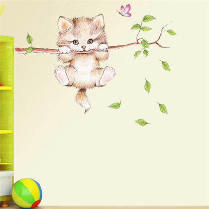 cute cat butterfly tree branch wall stickers for kids rooms home decoration cartoon animal wall decals diy posters pvc mural art
