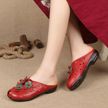 Handcrafted Genuine Leather Floral Slides for Women - Elegant Summer Sandals