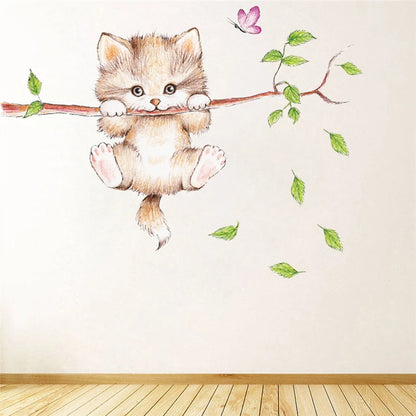 cute cat butterfly tree branch wall stickers for kids rooms home decoration cartoon animal wall decals diy posters pvc mural art