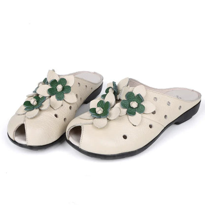 Handcrafted Genuine Leather Floral Slides for Women - Elegant Summer Sandals