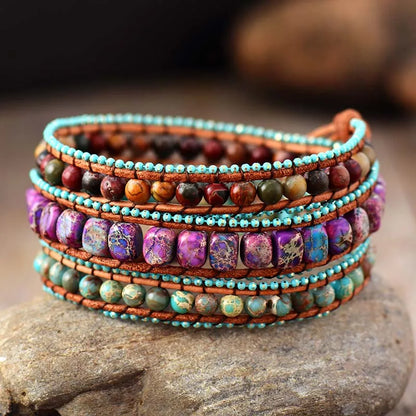 Bohemian Vintage Leather Wrap Bracelet with Mixed Jasper Stones