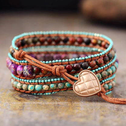 Bohemian Vintage Leather Wrap Bracelet with Mixed Jasper Stones