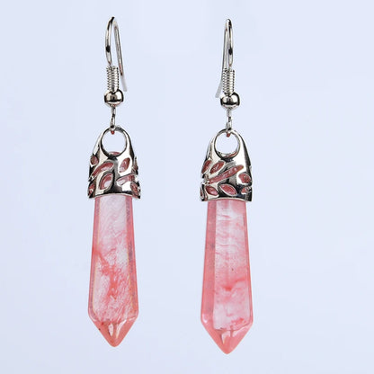 Hexagon Natural Gem Stone Crystal Dangle Hook Earrings Healing Raw Black Onyx Pink Quartzs Tiger Eye Rhodonite Women Jewelry