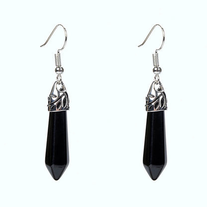 Hexagon Natural Gem Stone Crystal Dangle Hook Earrings Healing Raw Black Onyx Pink Quartzs Tiger Eye Rhodonite Women Jewelry