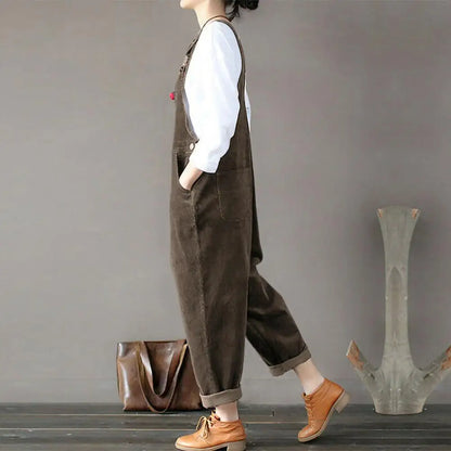 Chic Corduroy Wide Leg Jumpsuit for Women - Sleeveless Winter Overalls