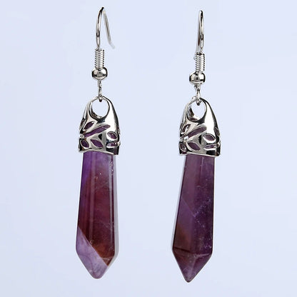 Hexagon Natural Gem Stone Crystal Dangle Hook Earrings Healing Raw Black Onyx Pink Quartzs Tiger Eye Rhodonite Women Jewelry
