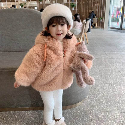 Cute Big Ears Plush Baby Jacket Autumn Winter Warm Faux Fur Coats For Girls Hooded Snow Coat Soft Children Outwear Clothing
