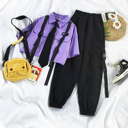 2024 Spring Streetwear Pants High-Waist Straight Ribbon Cargo Pants Student Loose Short-Sleeved Shirt with Tie two-piece Set