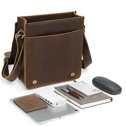 Vintage Crazy Horse Leather Shoulder Bag for Men - Versatile Zip Around Crossbody & Briefcase
