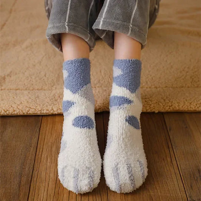 Cat Paw Cute Socks Coral Fleece Winter Women Socks Animal Thick Thermal Floor Sleep Kawaii Candy Color Velvet  Warm Sleep Socks