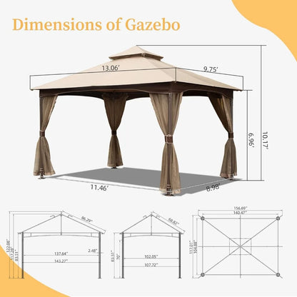 10'x13' Gazebo, Outdoor Gazebo with Mosquito Netting, Metal Frame Double Roof Soft Top Patio Gazebo Canopy Tent for Deck