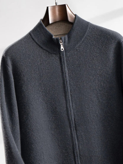 Autumn Winter 100% Pure Goat Cashmere Zipper Cardigan Men's Semi-Turtleneck Knit Coat Casual Thicken Jacket High-End Loose Tops
