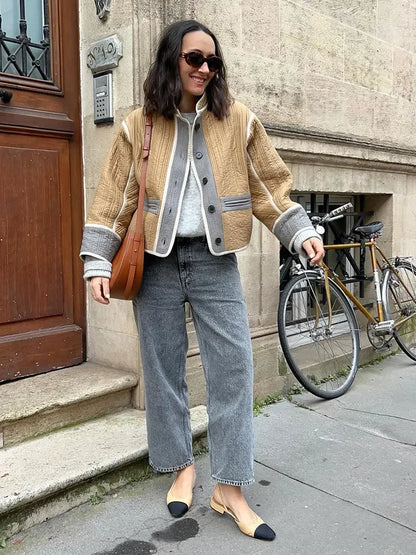 Fashion Contrast Patchwork Short Coat Elegant Women Stand Collar Single Breasted Long Sleeves Jacket Chic Spring Street Outwear