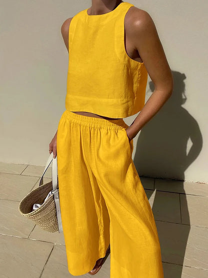 Elegant Two-Piece Summer Set for Women: Chic White or Black Tank Crop Top with Wide Leg Pants