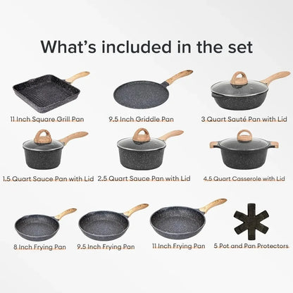 Cast Iron Cookware Bbq Pots and Pans Set Nonstick 23pcs Home Appliance Induction Cooking Set W/Gray Granite Stone Frying Pans