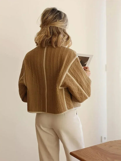 Fashion Contrast Patchwork Short Coat Elegant Women Stand Collar Single Breasted Long Sleeves Jacket Chic Spring Street Outwear