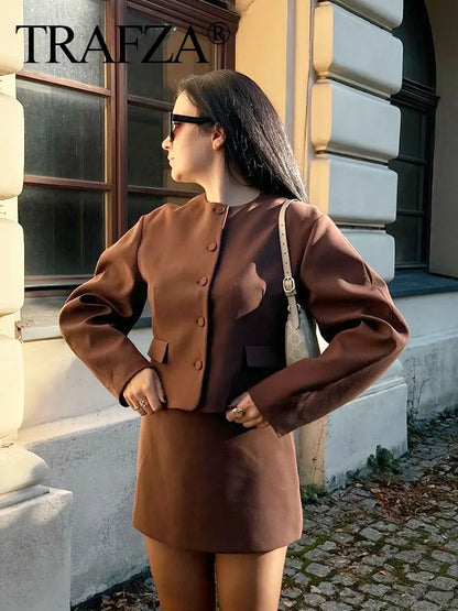 TRAFZA Jacket For Women Fashion Vintage Solid Cropped Blazer Coat O Neck Long Sleeve Jacket Autumn Female Casual Y2K Outerwear