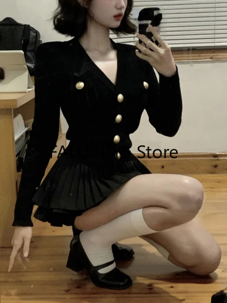 Elegant Dress 2 Piece Skirt Set Office Lady Casual French Knitted Top + Women Party Sexy Mini Skirt Korean Fashion Autumn 2023